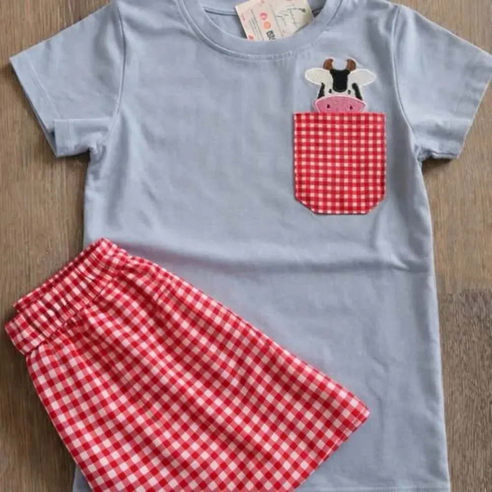 M34 NWT Cute cow gingham kids shirt and shorts set
